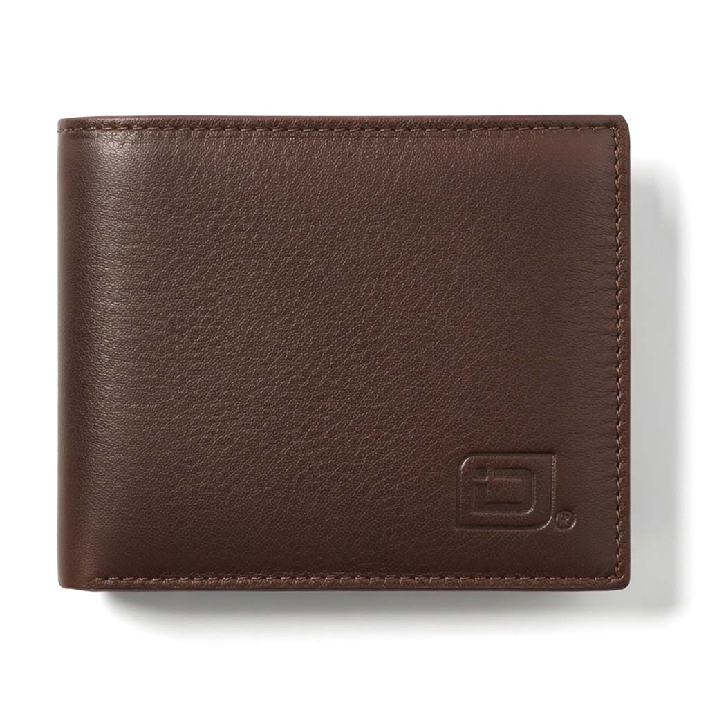 Dark Brown leather Bifold wallet with 'Identity Stronghold' branding in front.
