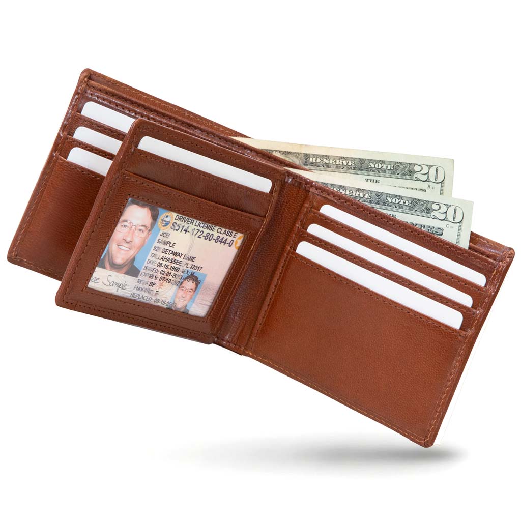 Brown leather wallet with money and ID cards on a white background