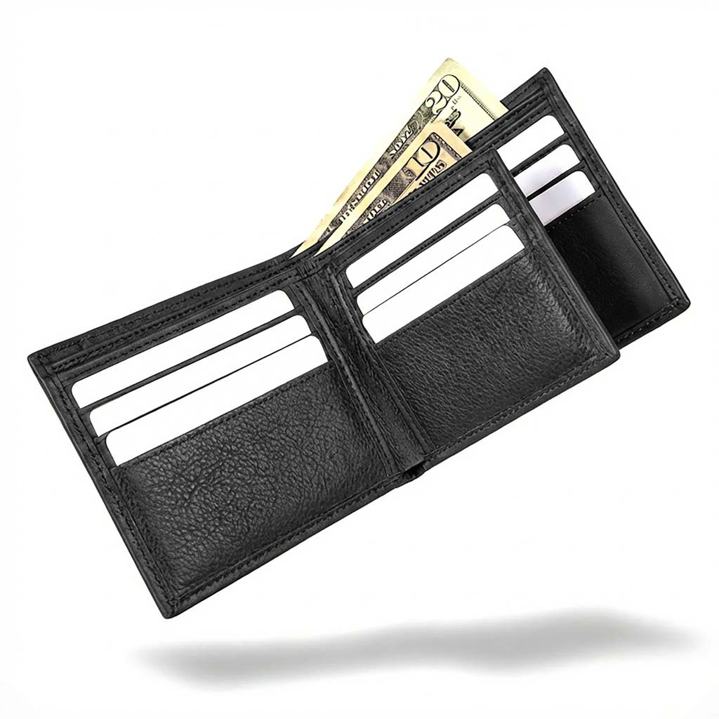 Black leather wallet with money and cards on a white background