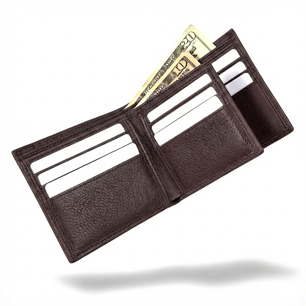 Black leather wallet with money and cards on a white background