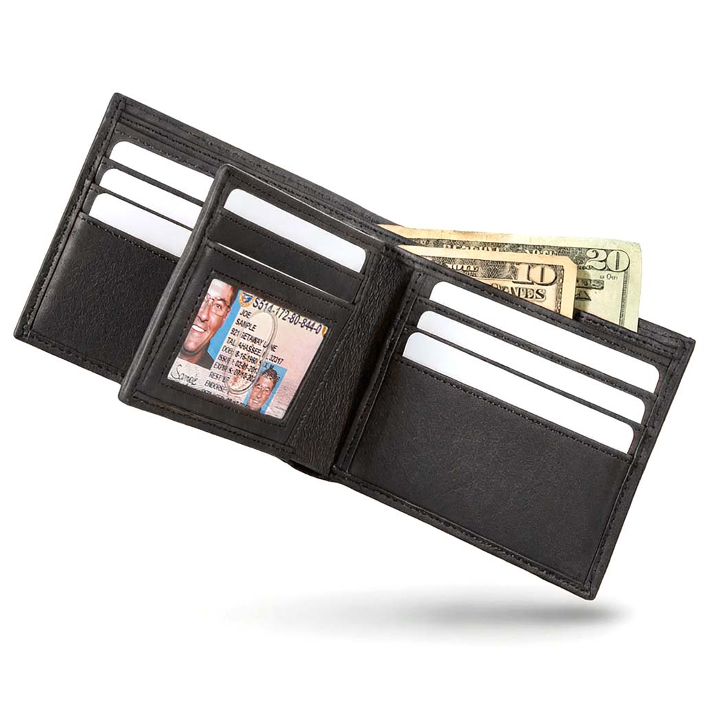 Black leather wallet with card slots and money compartments on a white background