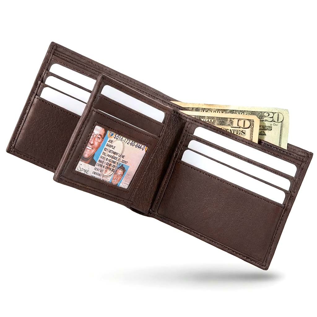 Brown leather wallet with money and ID card on a white background