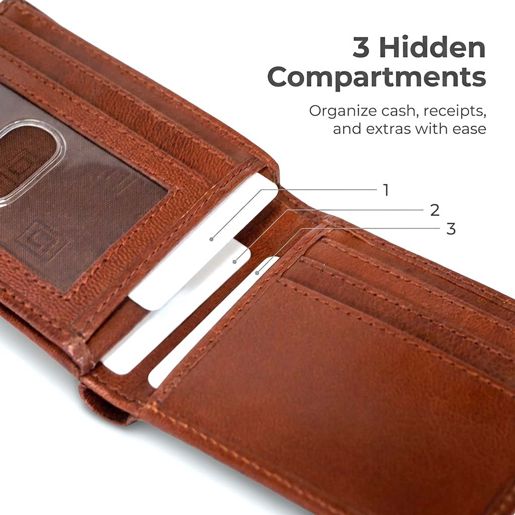Brown leather wallet with three hidden compartments on a white background