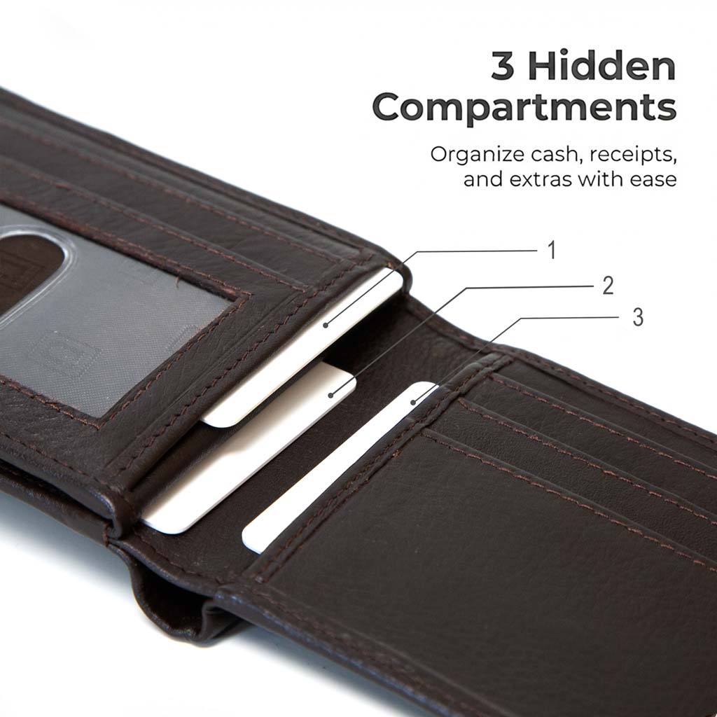 Brown leather wallet with three hidden compartments on a white background