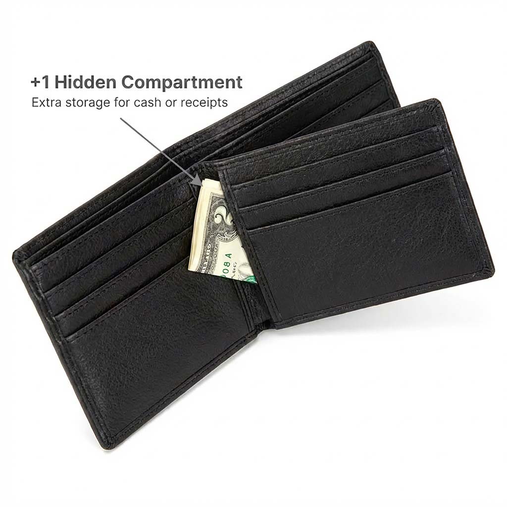 Black wallet with a hidden compartment holding a dollar bill on a white background