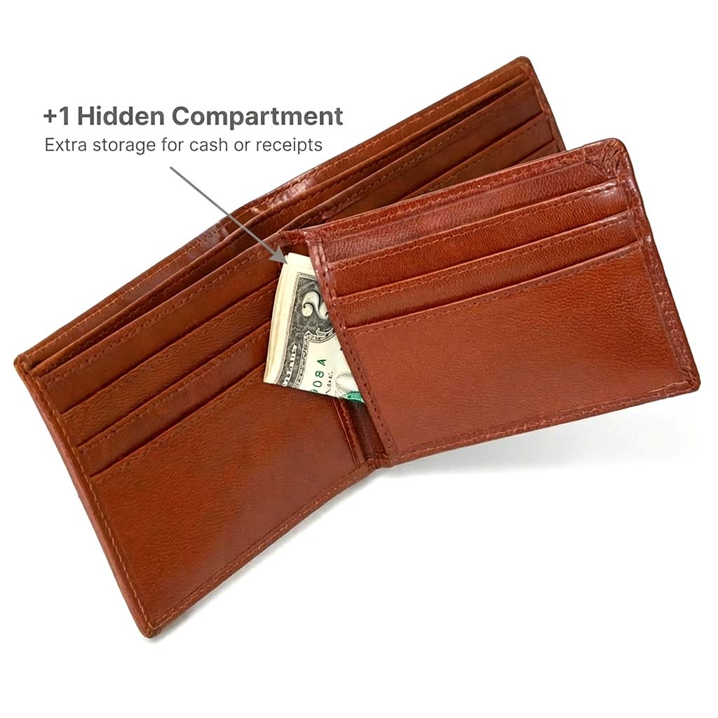 Brown leather wallet with a hidden compartment holding a dollar bill on a white background