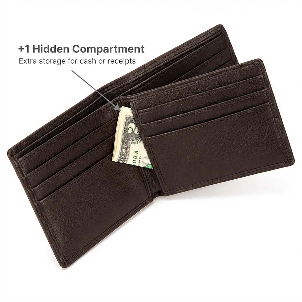 Black wallet with a hidden compartment holding a dollar bill on a white background