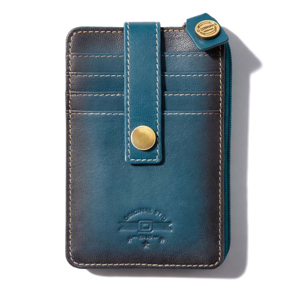 Blue leather phone case with gold accents on a white background