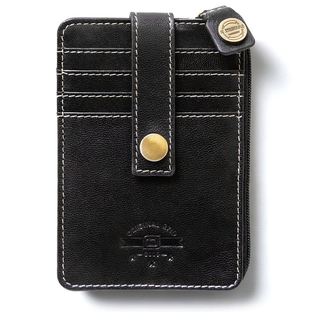 Black leather wallet with gold accents on a white background