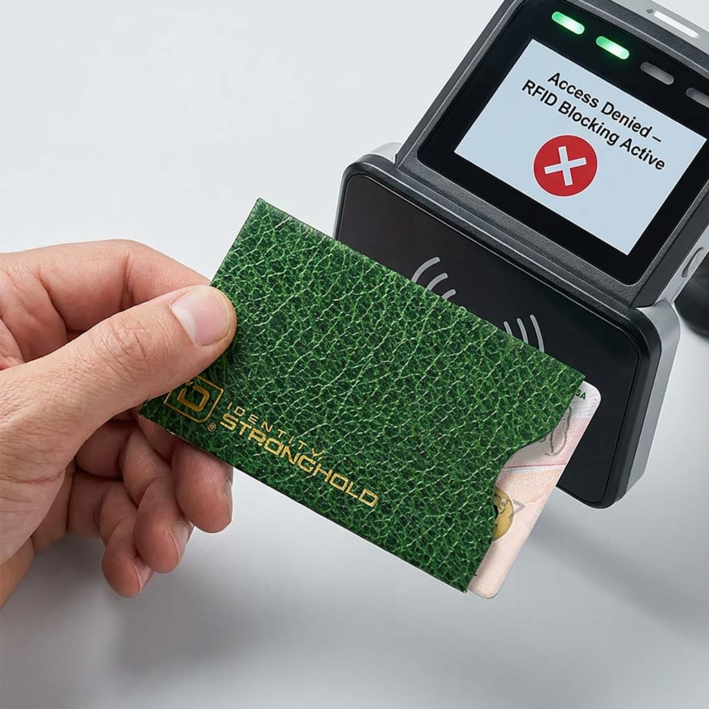 Hand holding a green card with 'Identity Stronghold' branding, approaching a device indicating RFID blocking active.