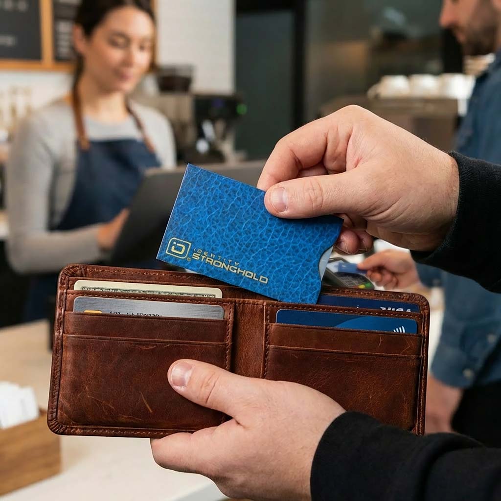 Person holding a brown wallet with a blue card featuring 'Stronghold' branding.
