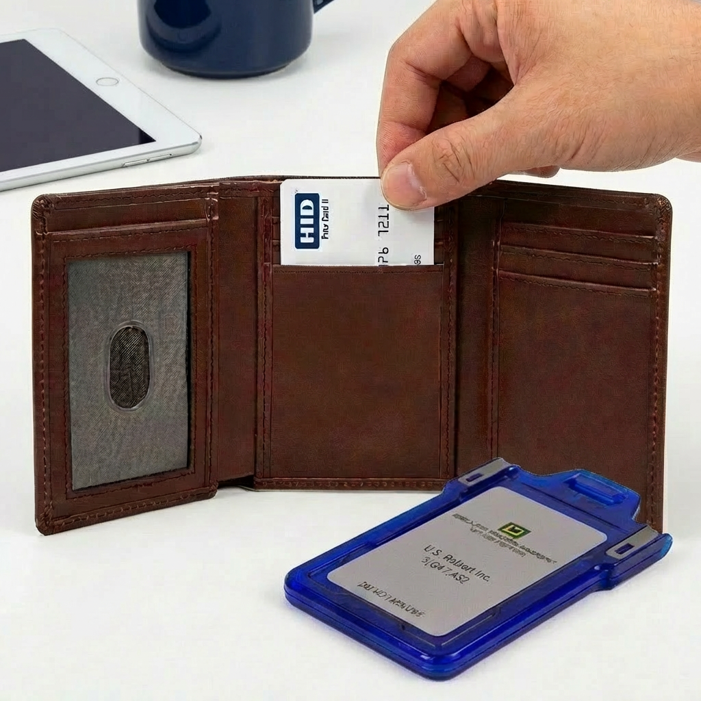 Prox card being inserted into wallet and bloxprox holder in front