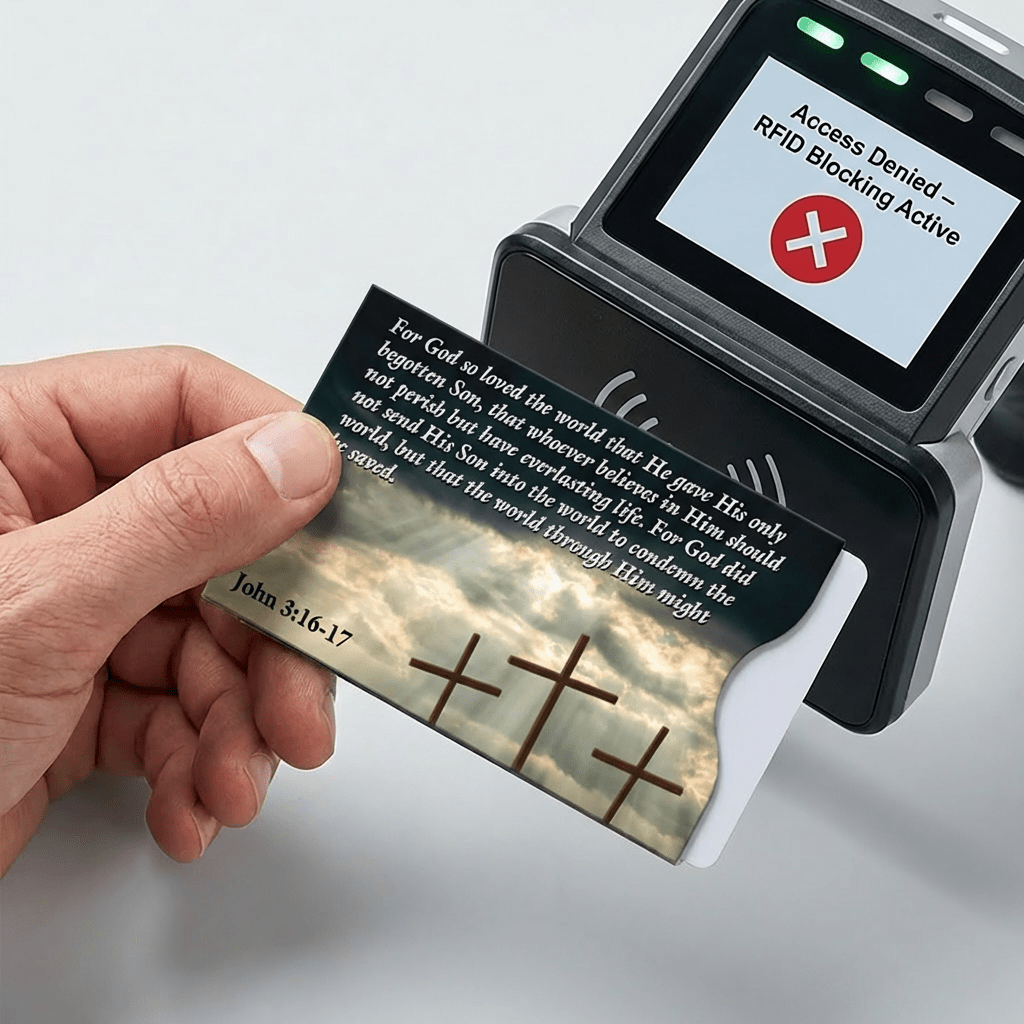 RFID blocking card with religious design held by a hand, in front of an RFID reader.