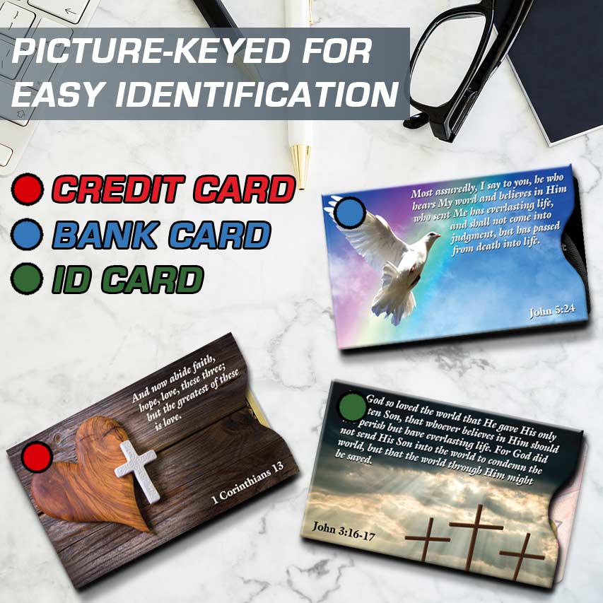 Three picture-keyed cards for easy identification on a marble surface.