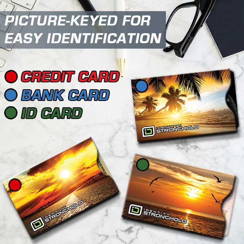 Three picture-keyed cards labeled 'Credit Card', 'Bank Card', and 'ID Card' with sunset designs on a marble surface.
