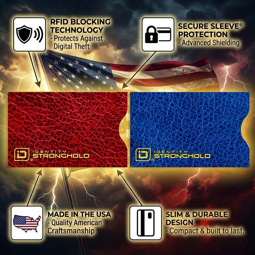 Promotional graphic for Identity Stronghold products with features highlighted against a dramatic sky background.