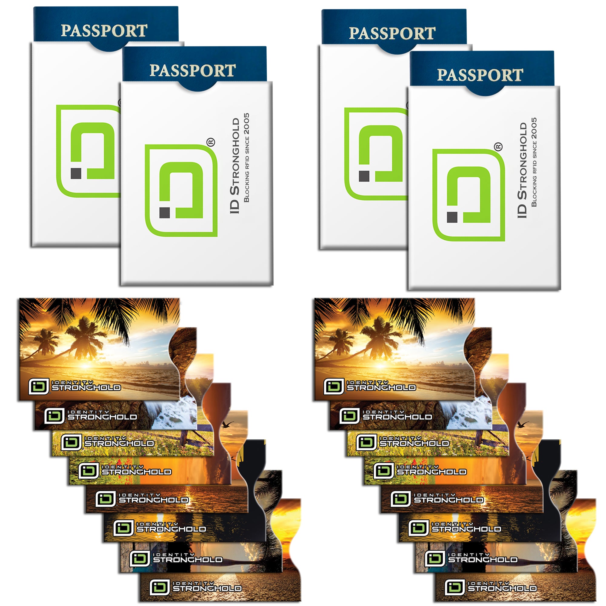 Two sets of Stronghold passport and ID Stronghold packaging on a white background.