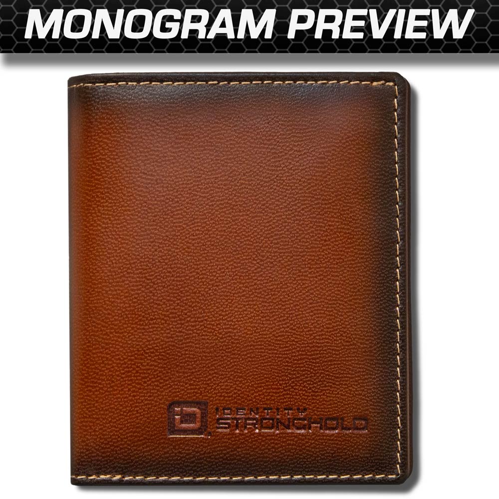 Brown leather secure wallet monogram customization preview