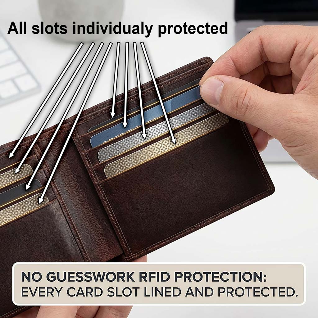 Brown wallet with card slots, hand holding it, text about RFID protection.