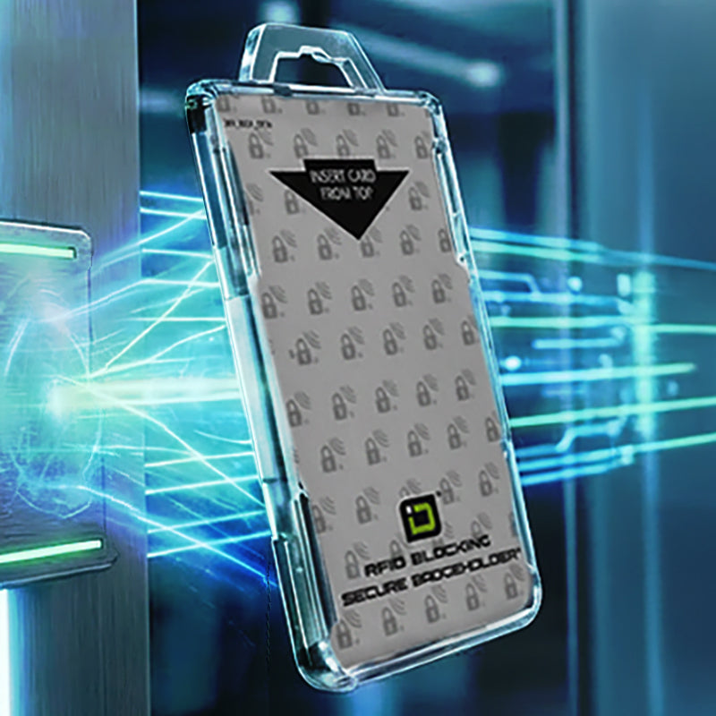Radio blocking phone case with lock pattern and brand logo on a futuristic background