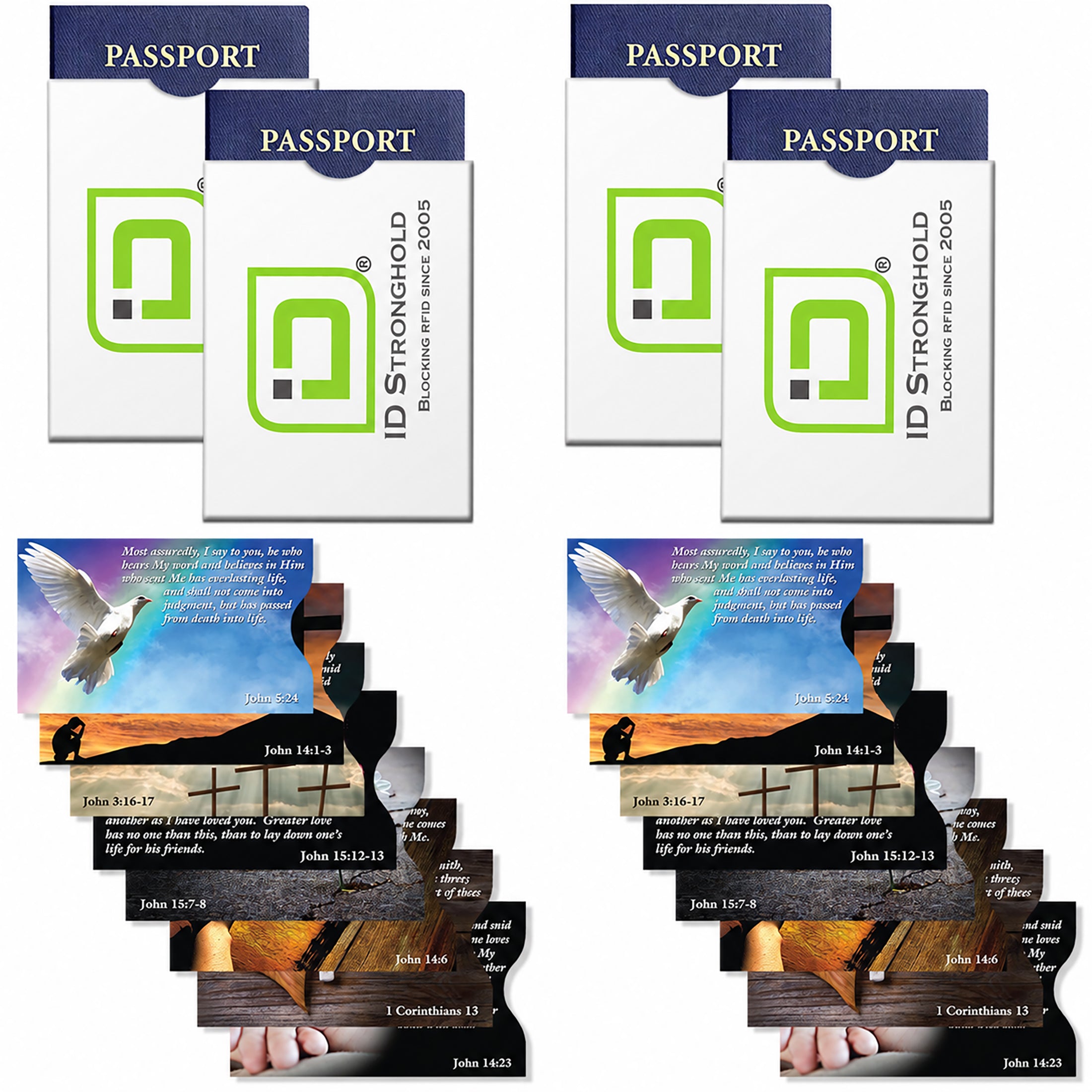 Multiple packages of ID Stronghold with religious text and dove design on a white background