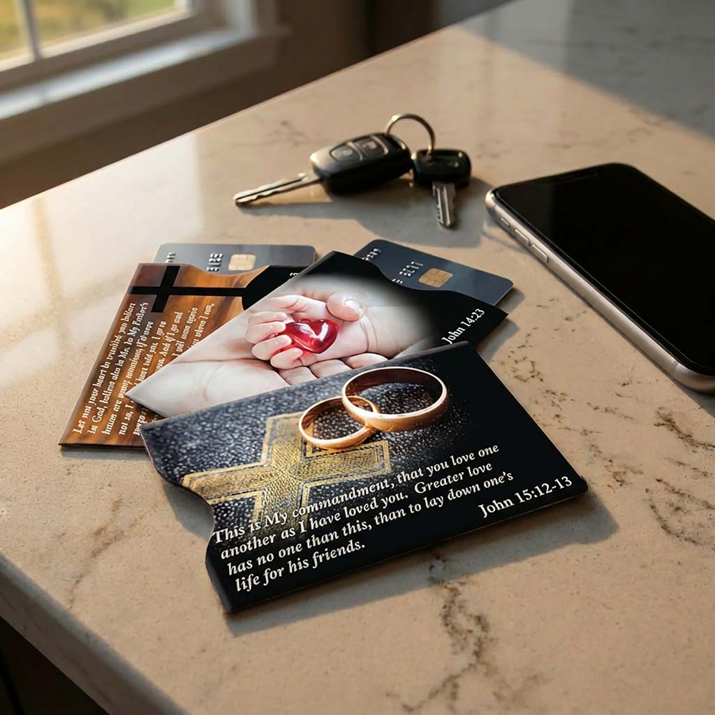 Card with wedding rings and cross design on a marble surface with phone and keys.