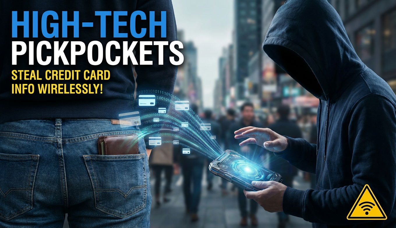 Person using a smartphone to scan credit card information from another person's pocket with text 'High-Tech Pickpockets scan Credit Card Info Wirelessly'
