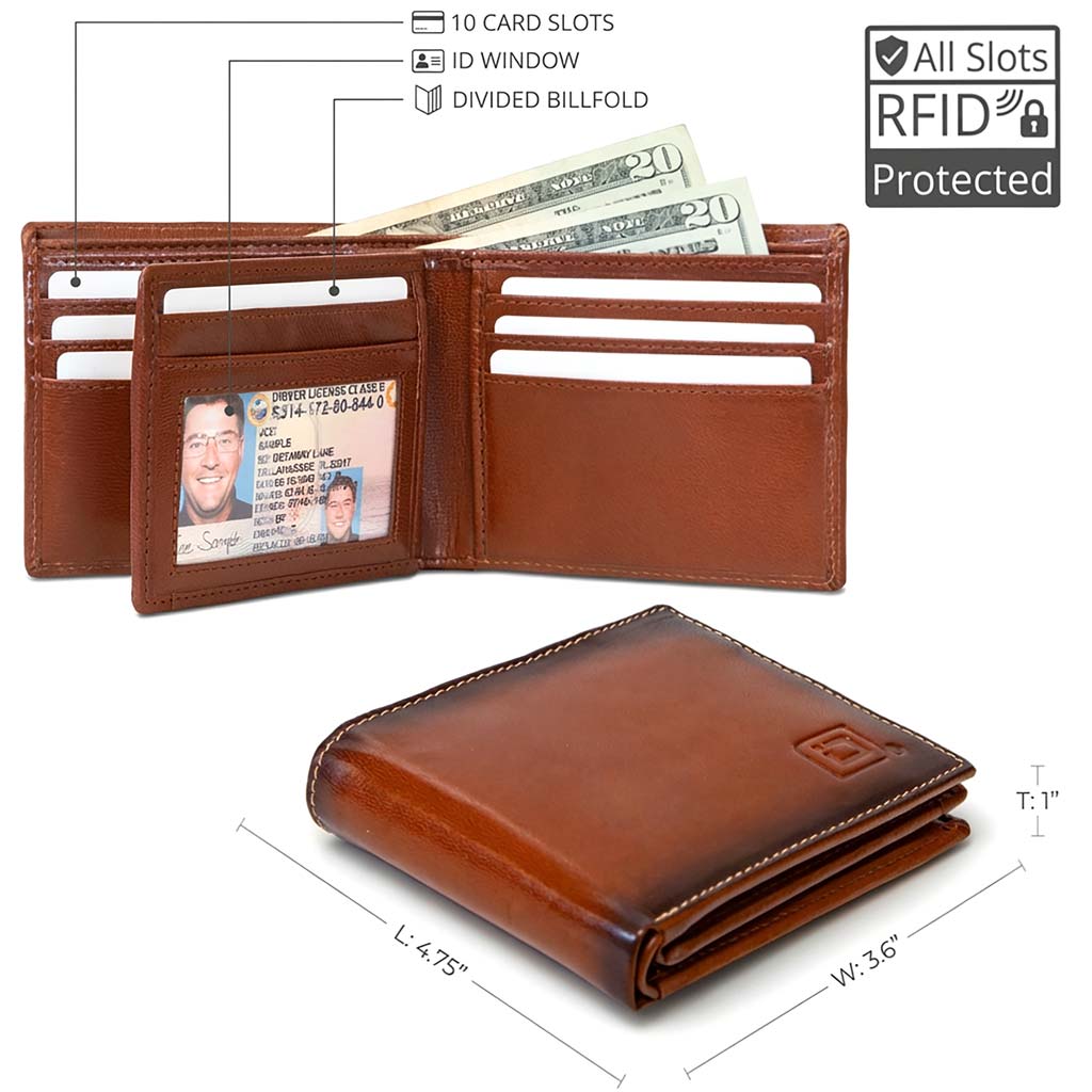 Brown leather wallet with card slots and ID window, showing dimensions and features on a white background.