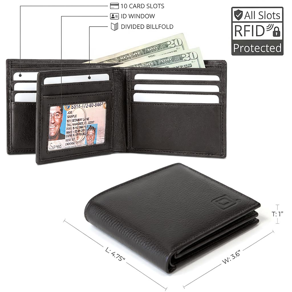 Black leather wallet with card slots and ID window, showing its features and dimensions.
