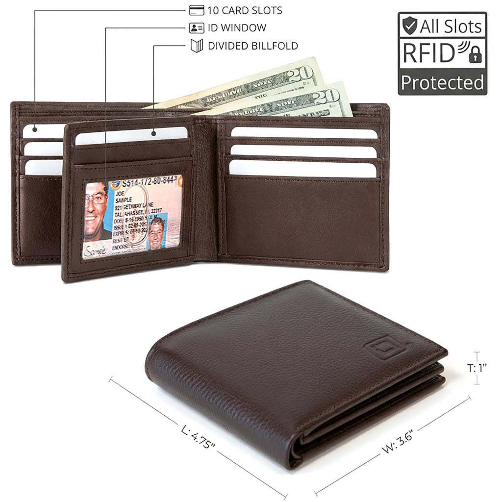 Brown leather wallet with card slots and billfold, featuring RFID protection, on a white background.
