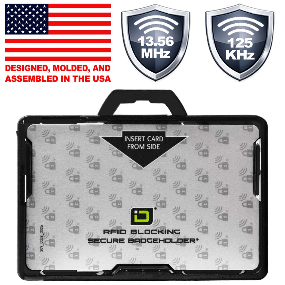 RFID blocking secure badgeholder with American flag, frequency indicators, and branding on a white background.