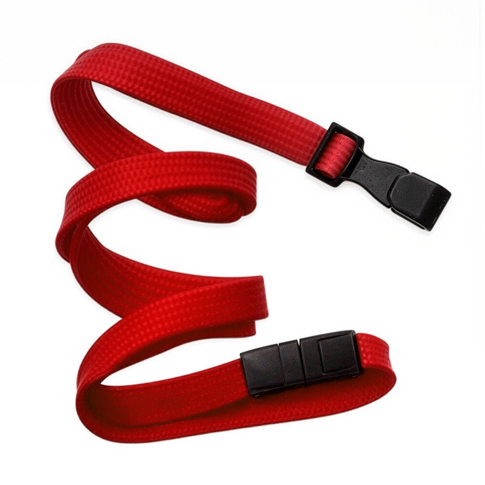 Red lanyard with black clip on a white background