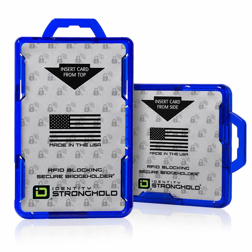 Two blue Identity Stronghold RFID blocking secure badge holders shown on a white background, one larger and one smaller, both with printed American flag graphics and product text on the front.