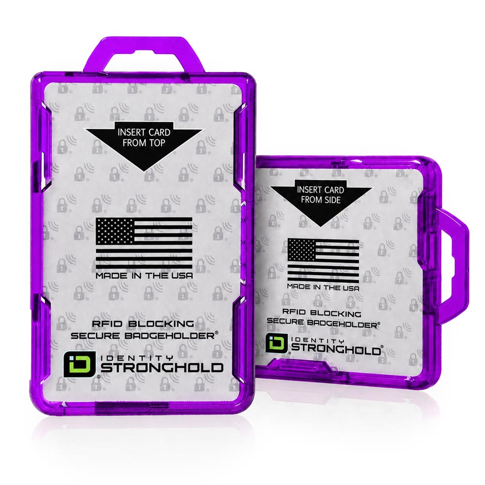 Two purple Identity Stronghold secure badgeholder cases shown on a white background, one larger front-facing case and one smaller side-facing case, both with printed American flag graphics and product text.