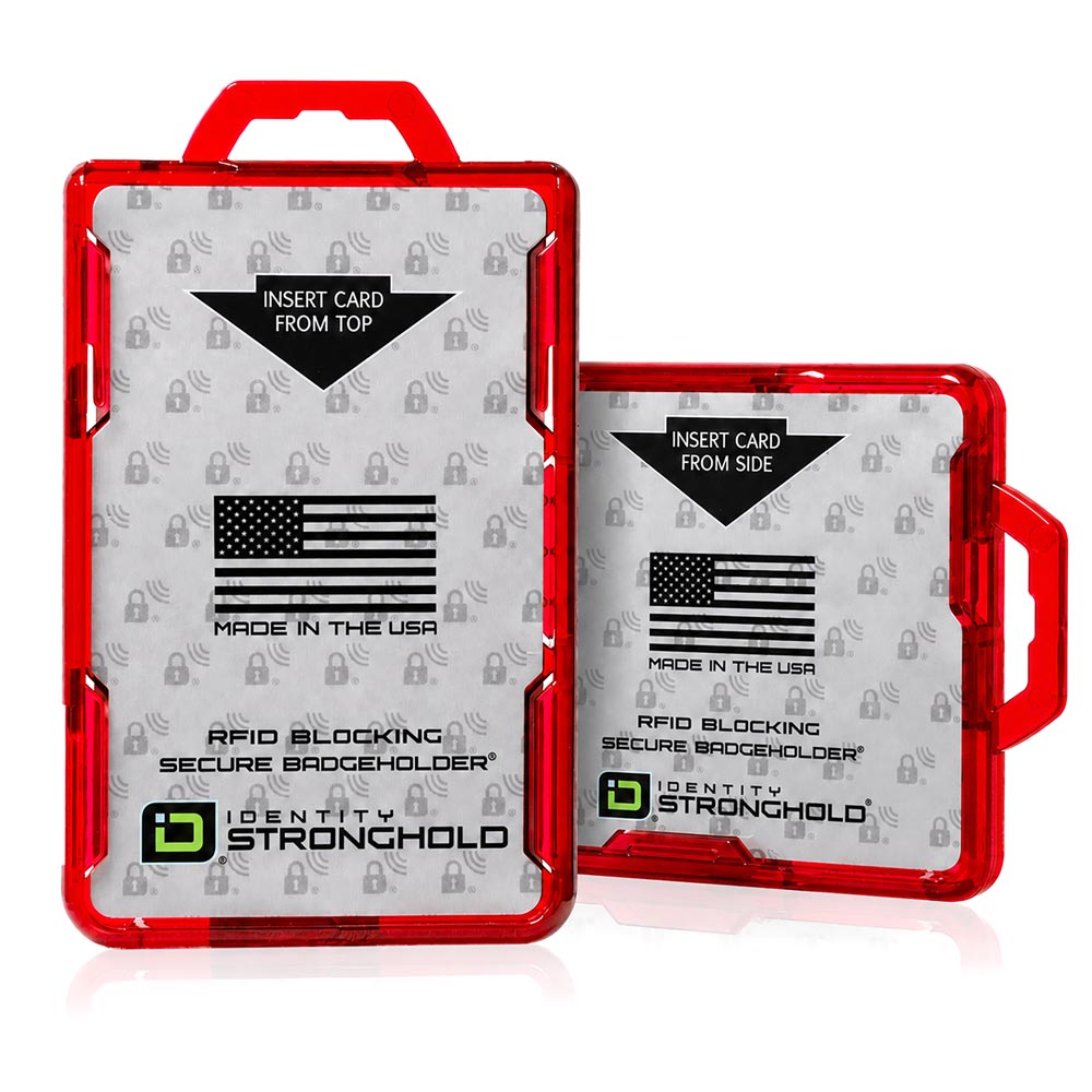 Two red transparent ID Stronghold secure badge holders shown on a white background, one larger and one smaller, both with printed American flag graphics
