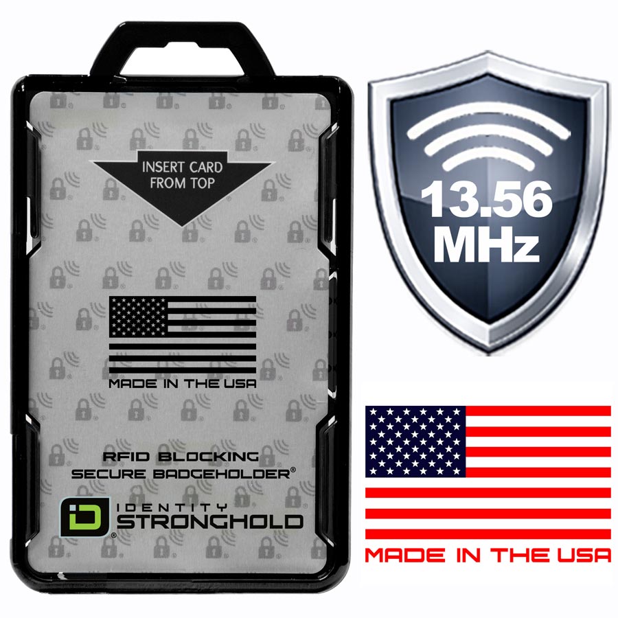 Identity Stronghold 13.56 MHz RFID blocking secure badge holder card case, shown with a black protective frame and a silver interior card.