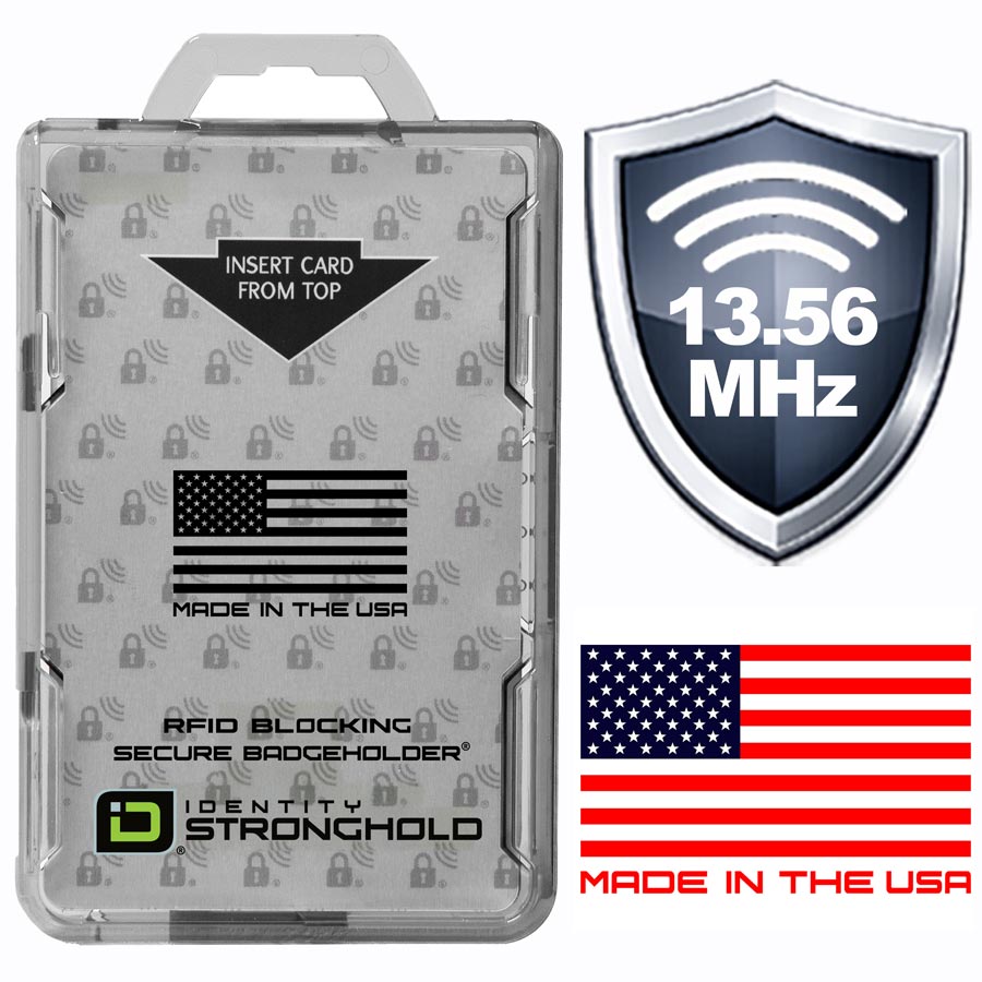 Identity Stronghold 13.56 MHz RFID blocking secure badge holder in a clear plastic case, shown alongside graphic badges.