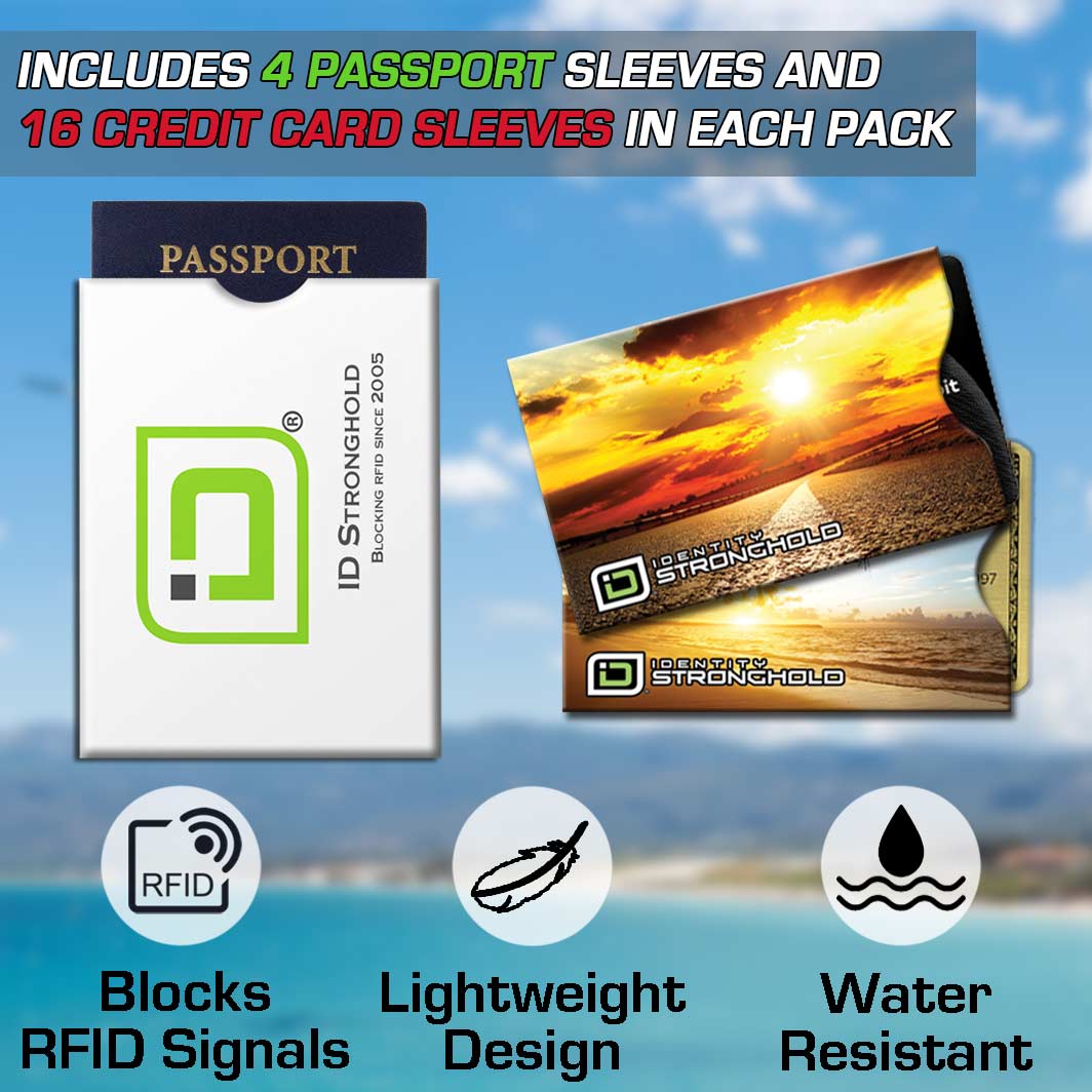 ID Stronghold passport and credit card sleeves with scenic design on a beach background