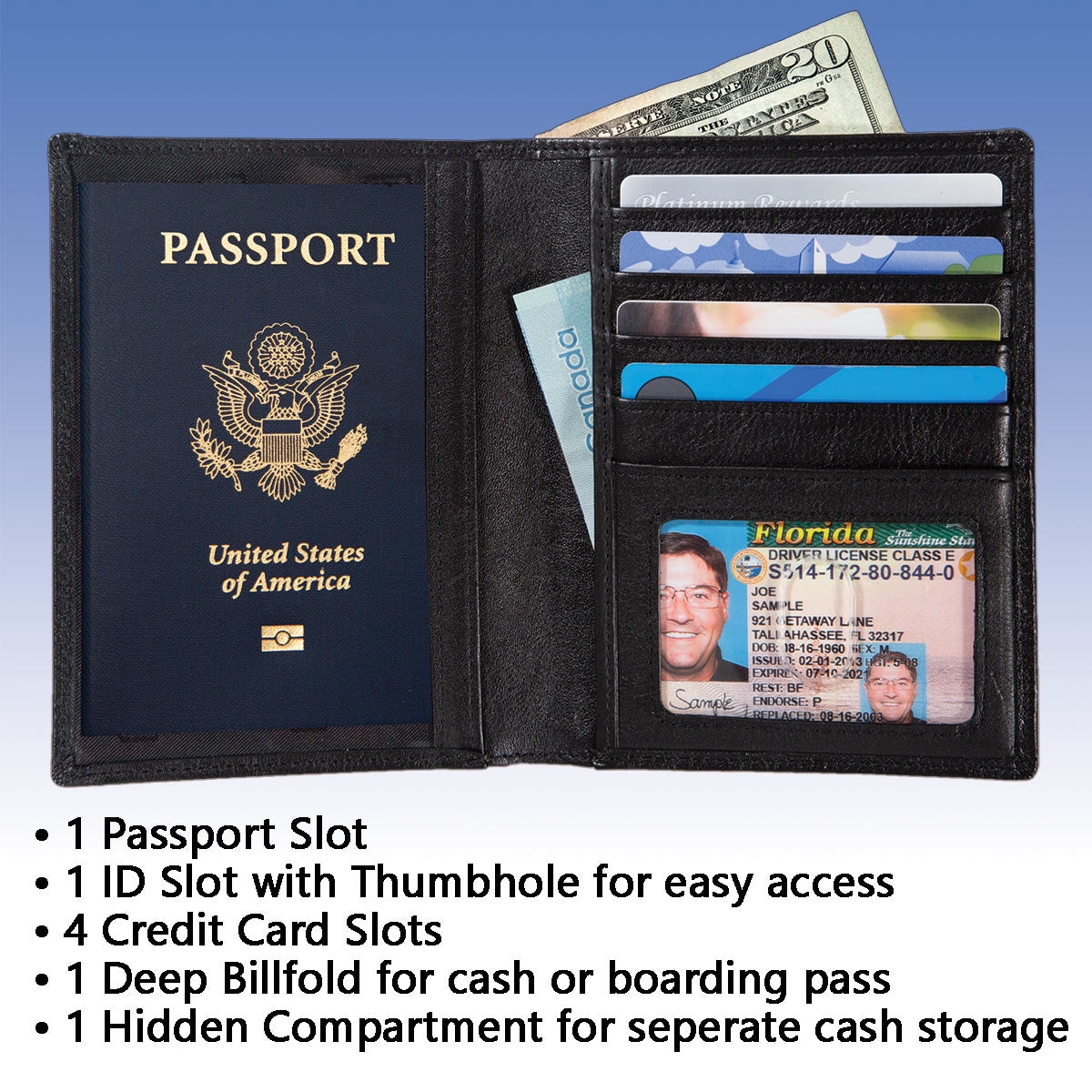 RFID Blocking Leather Passport Wallet - black info