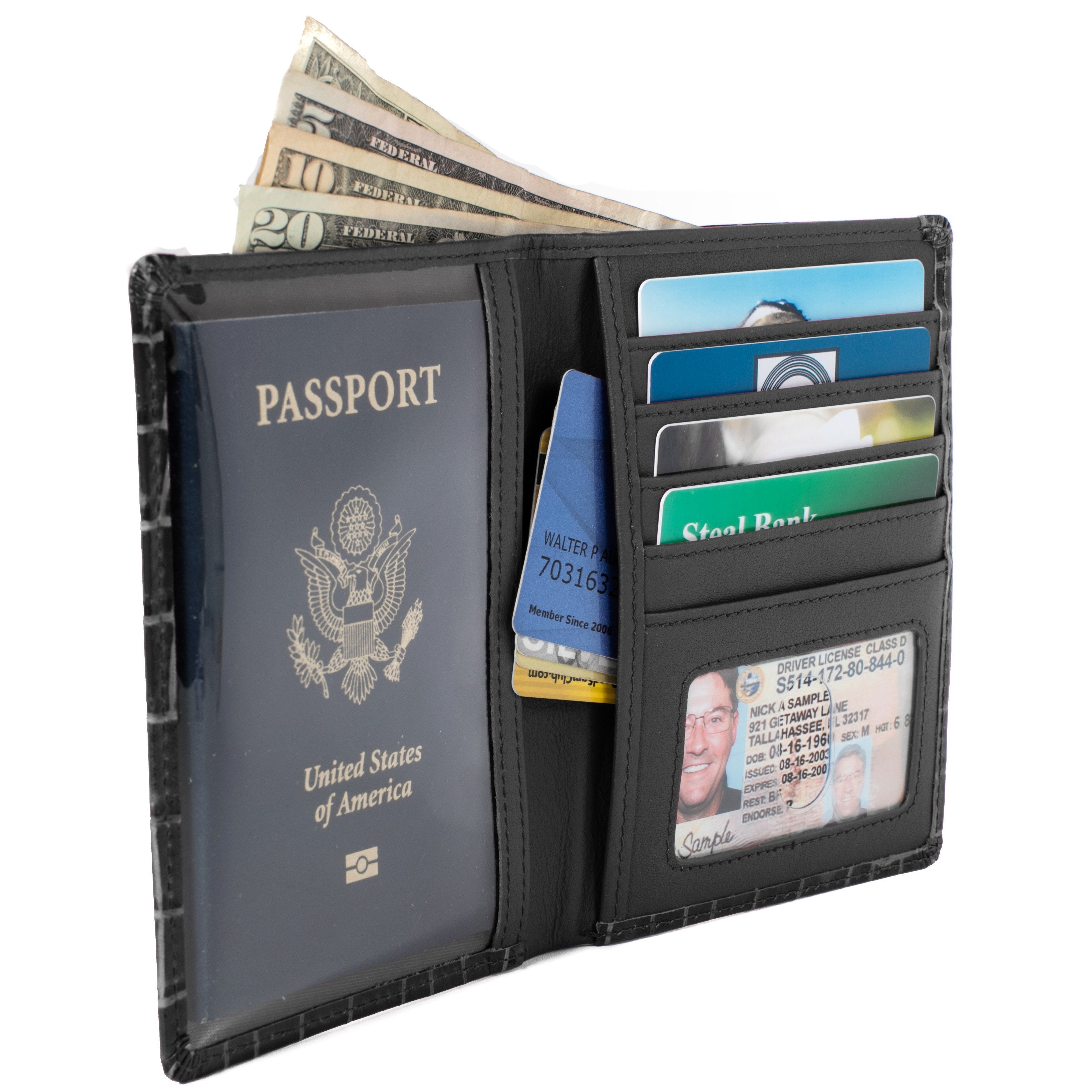 ID Stronghold Passport Black Croc RFID Blocking Passport Wallet Designer