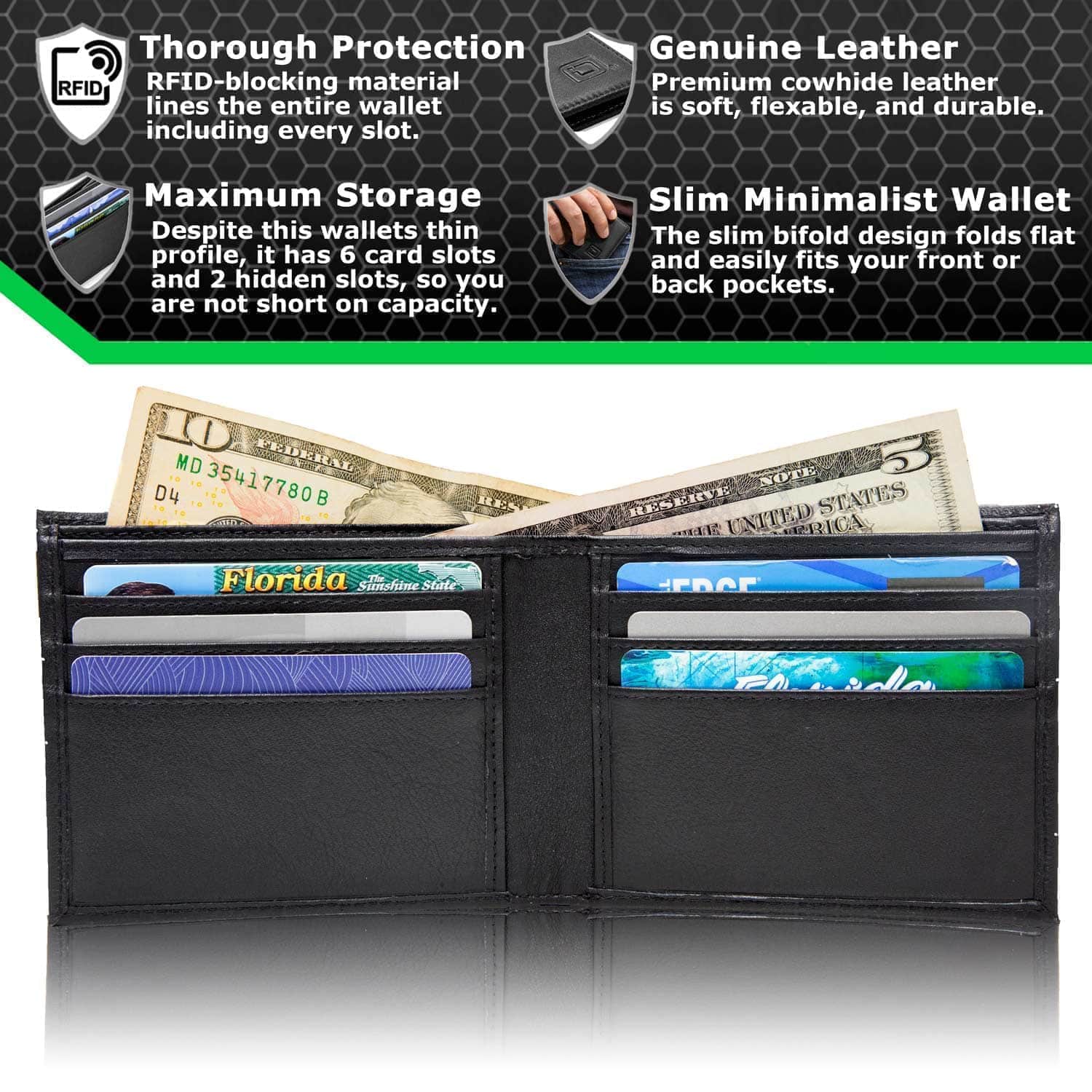 Mens RFID Wallet - 6 Slot Thin Bifold Wallet - Black - IDSH7002 - blk