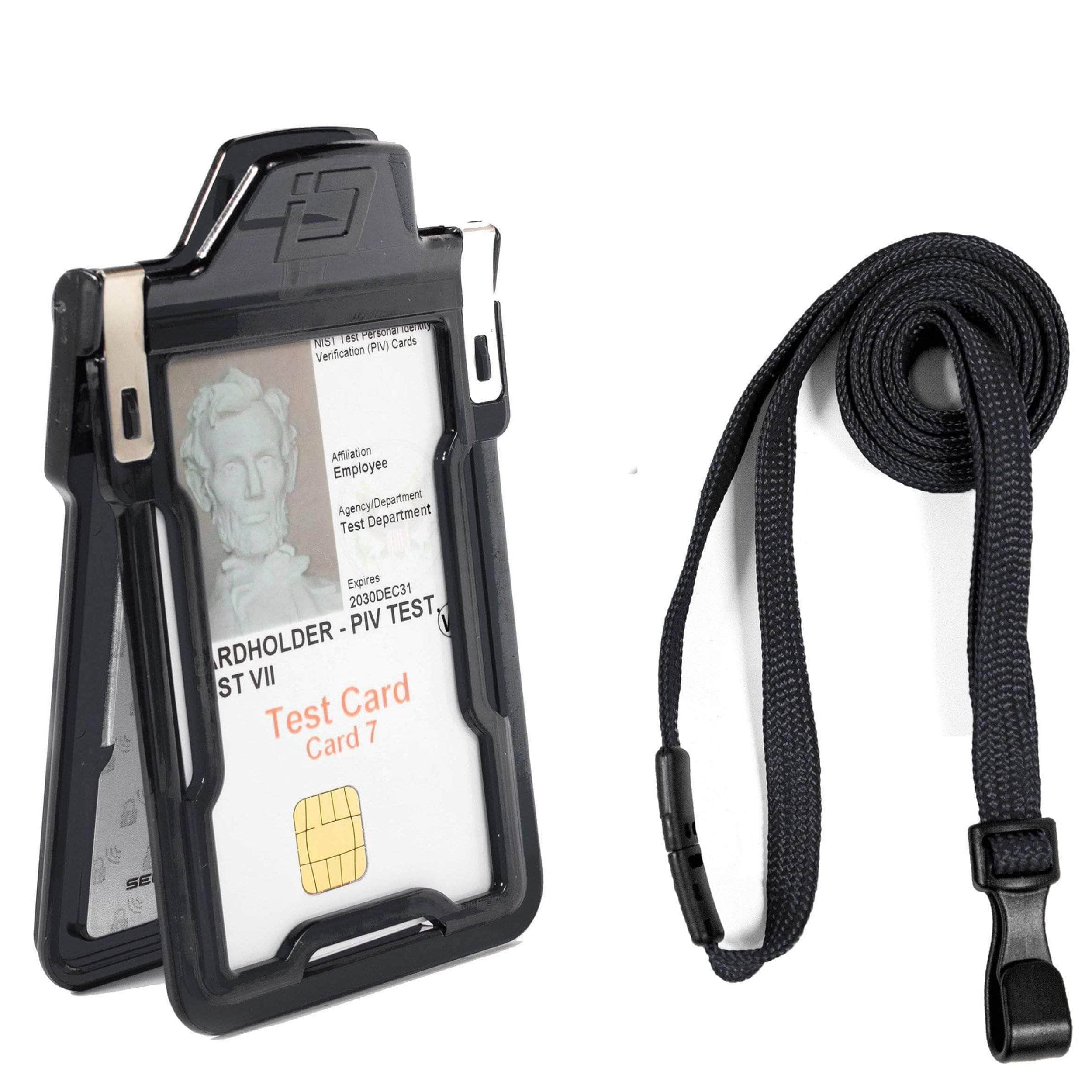 ID Stronghold Badgeholder Black Secure Badge Holder Classic Vertical 1 Card Holder, and Lanyard Bundle