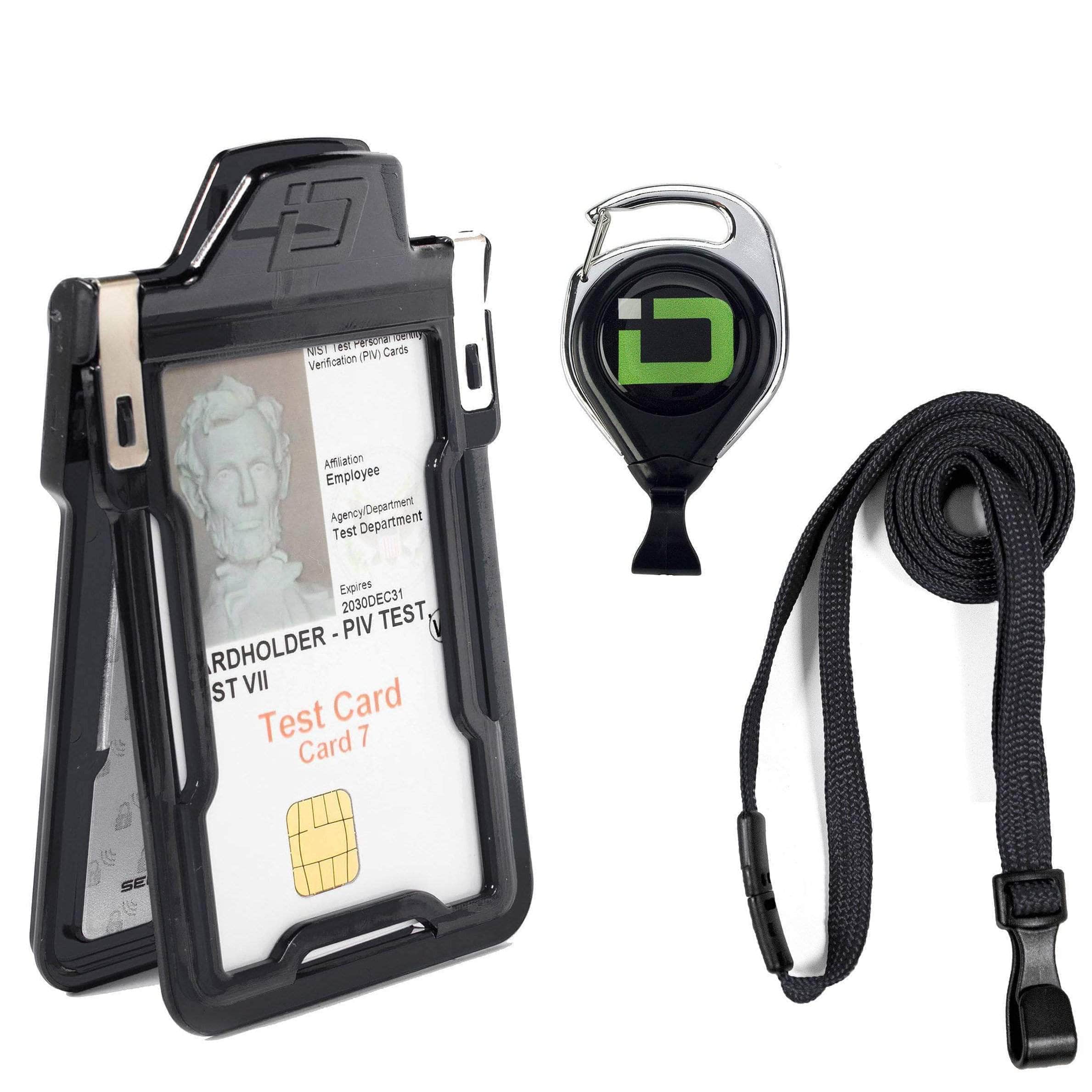 ID Stronghold Badgeholder Black Secure Badge Holder Classic, Vertical 1 Card Holder, Retractable Reel, and Lanyard Bundle