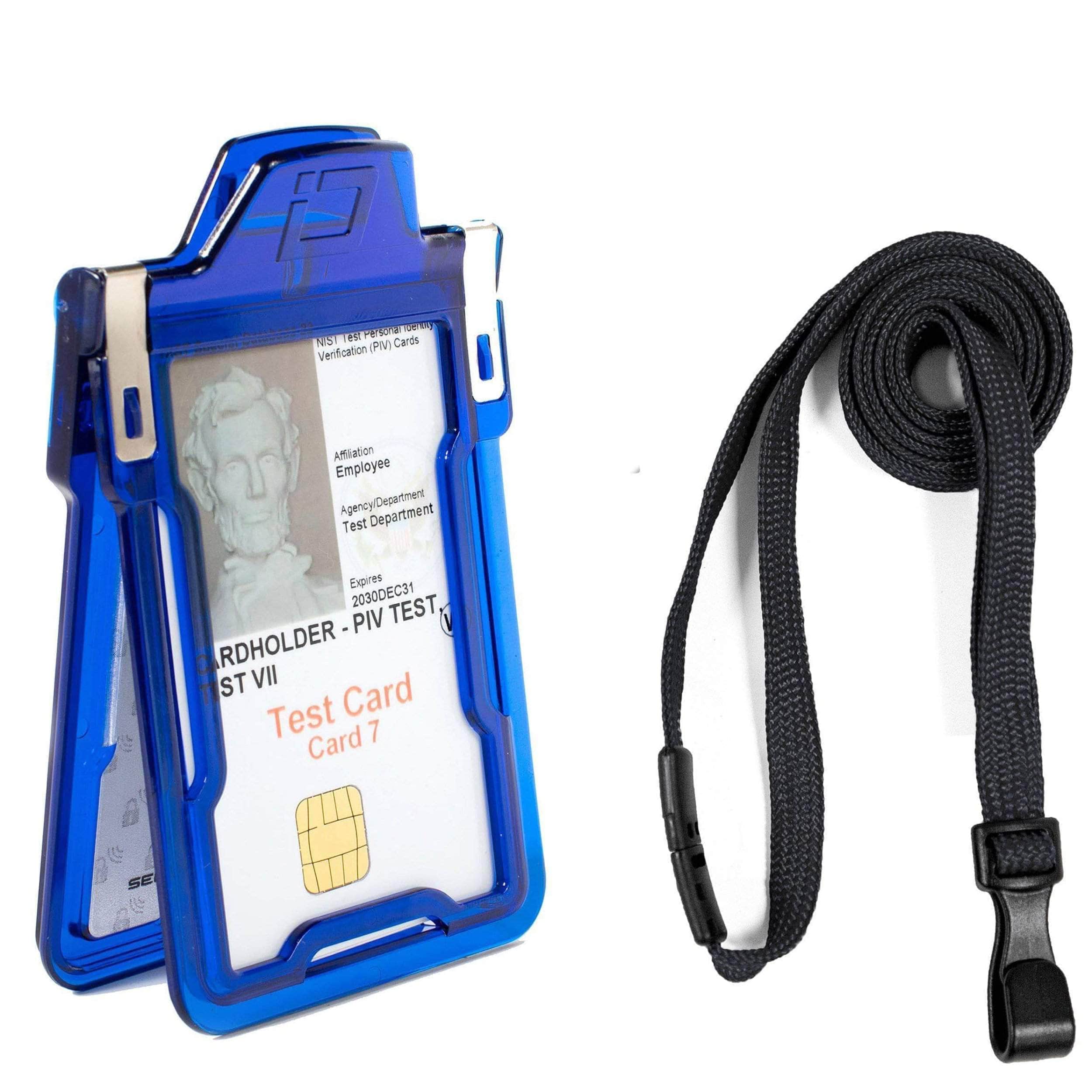 ID Stronghold Badgeholder Blue Black Secure Badge Holder Classic Vertical 1 Card Holder, and Lanyard Bundle