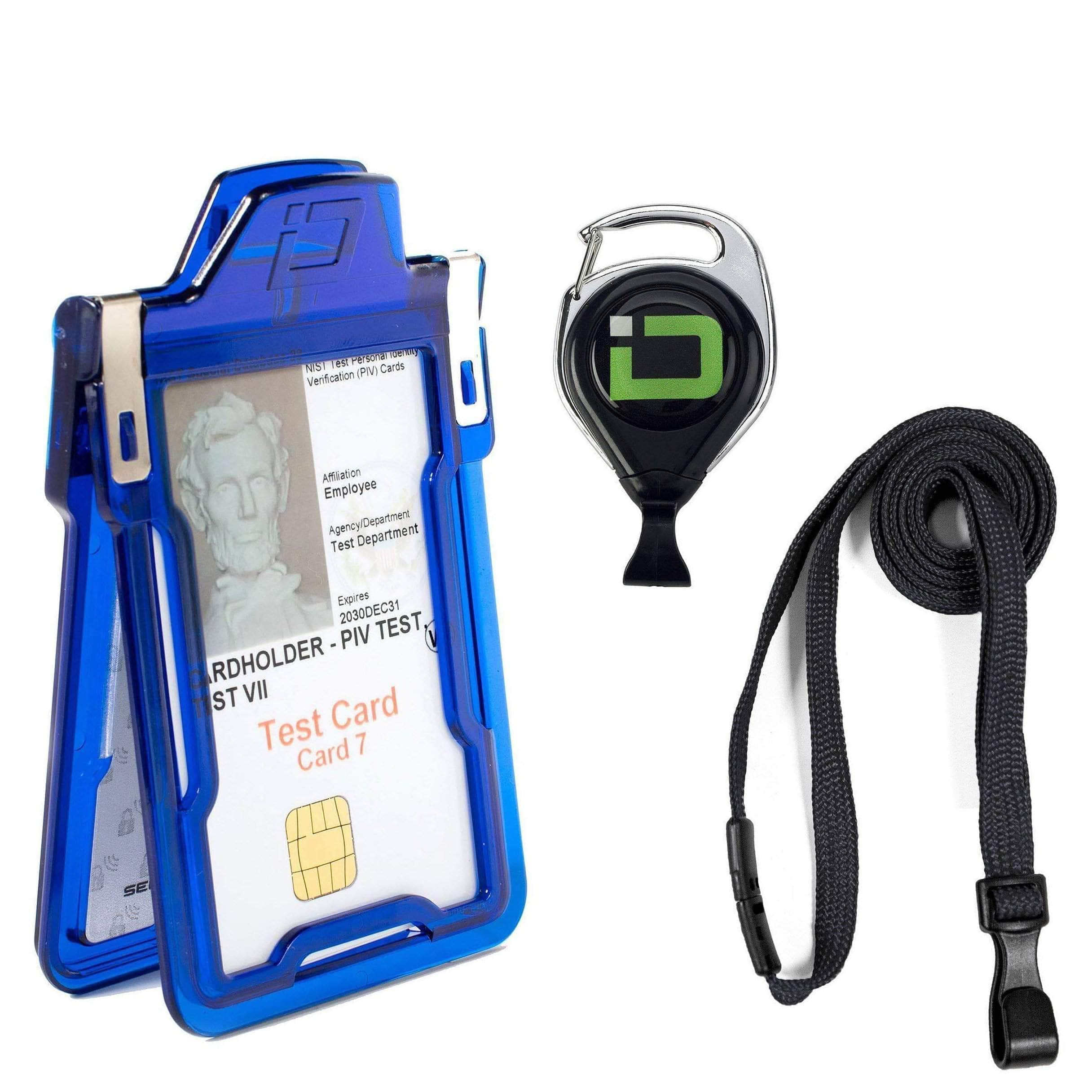 ID Stronghold Badgeholder Blue Black Secure Badge Holder Classic, Vertical 1 Card Holder, Retractable Reel, and Lanyard Bundle