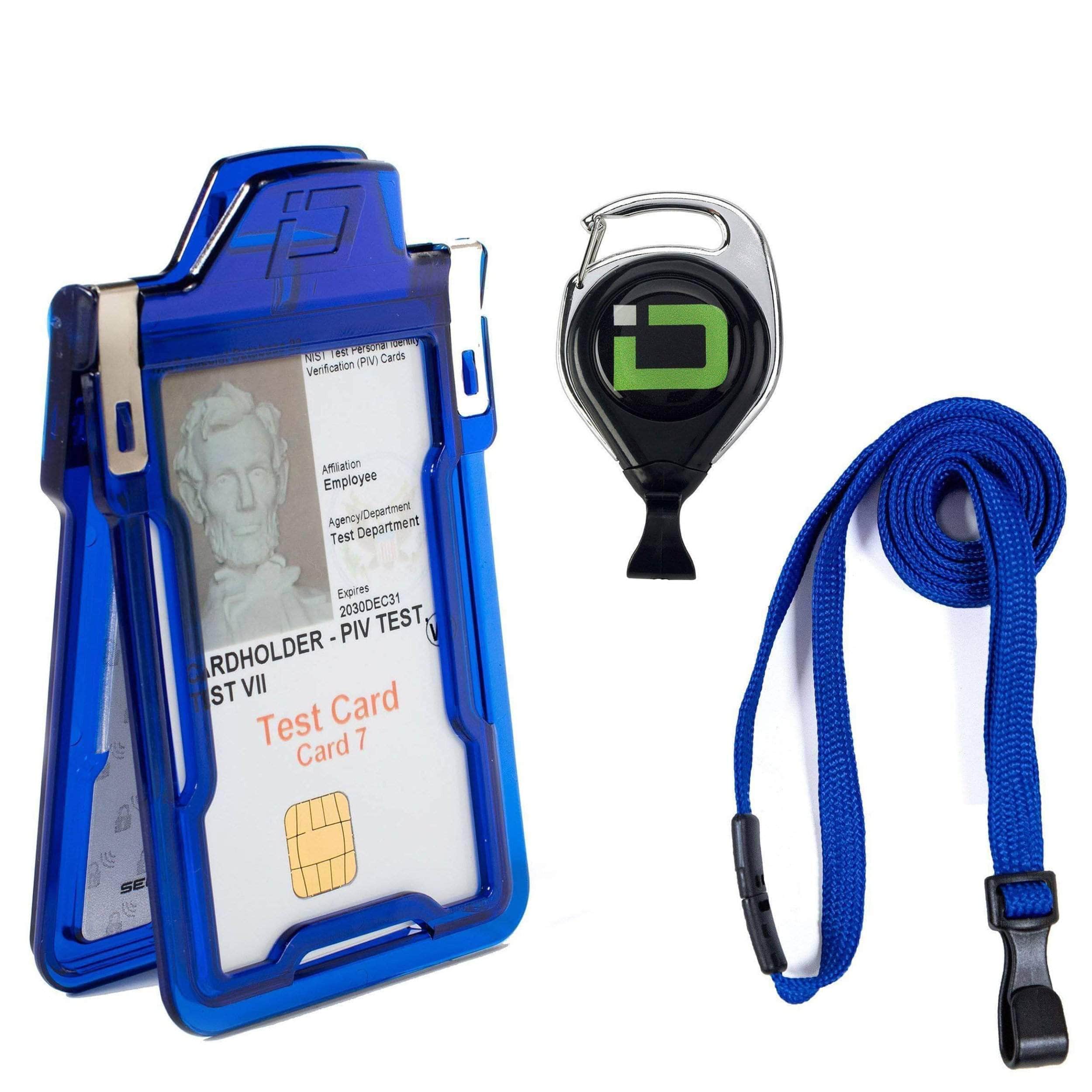 ID Stronghold Badgeholder Blue Secure Badge Holder Classic, Vertical 1 Card Holder, Retractable Reel, and Lanyard Bundle