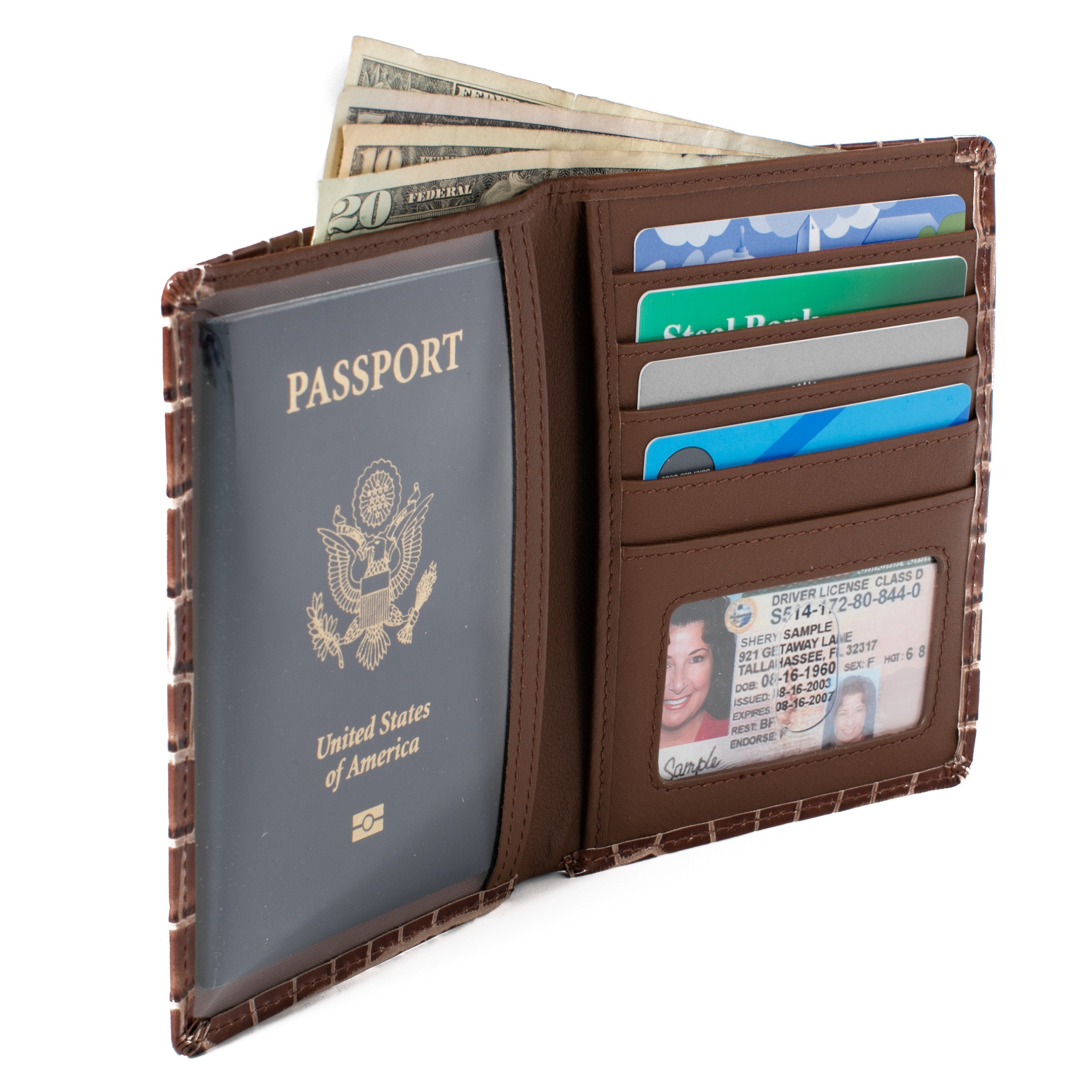 ID Stronghold Passport Brown Croc RFID Blocking Passport Wallet Designer