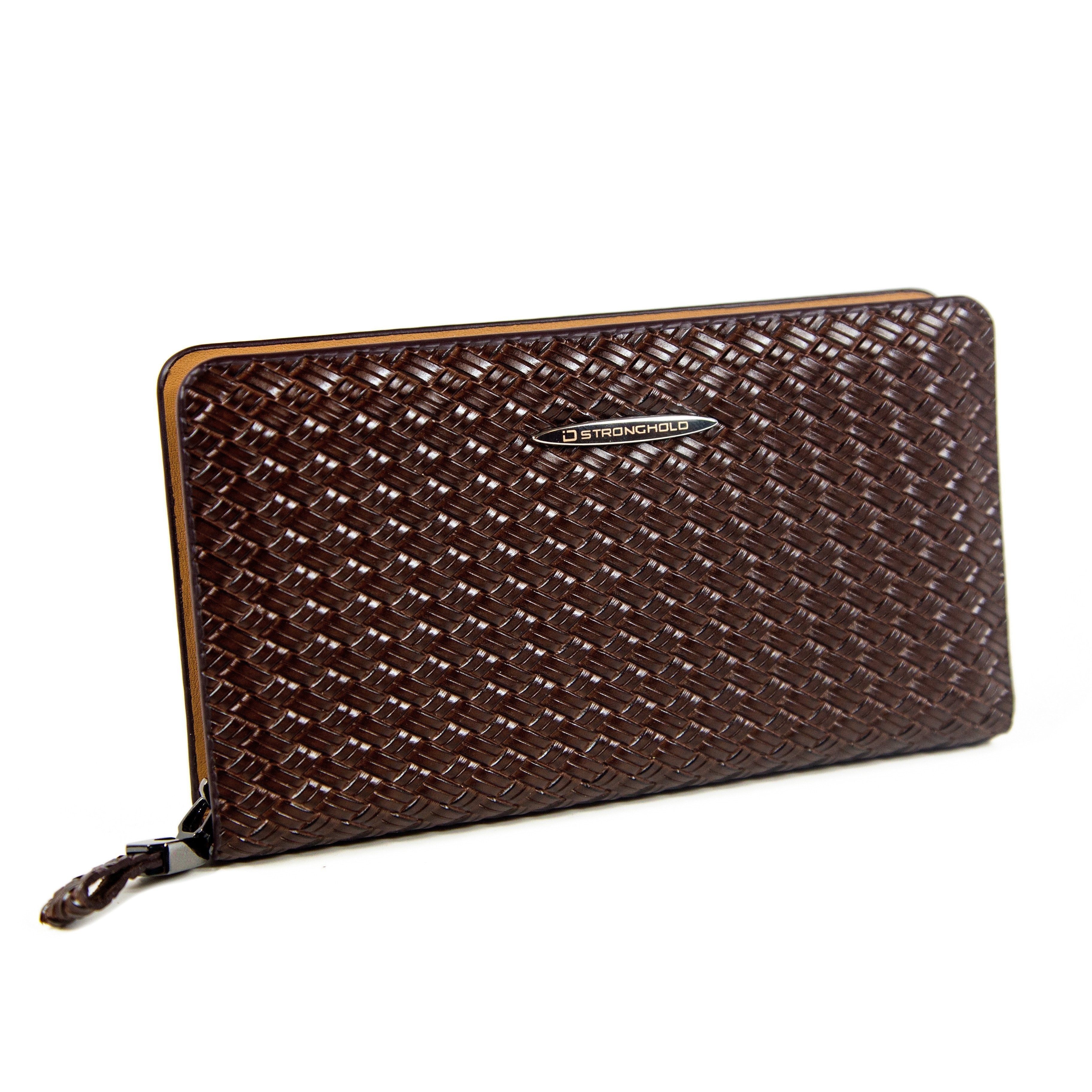 ID Stronghold Ladies Brown Weave RFID Wallet Ziparound Weave Clutch