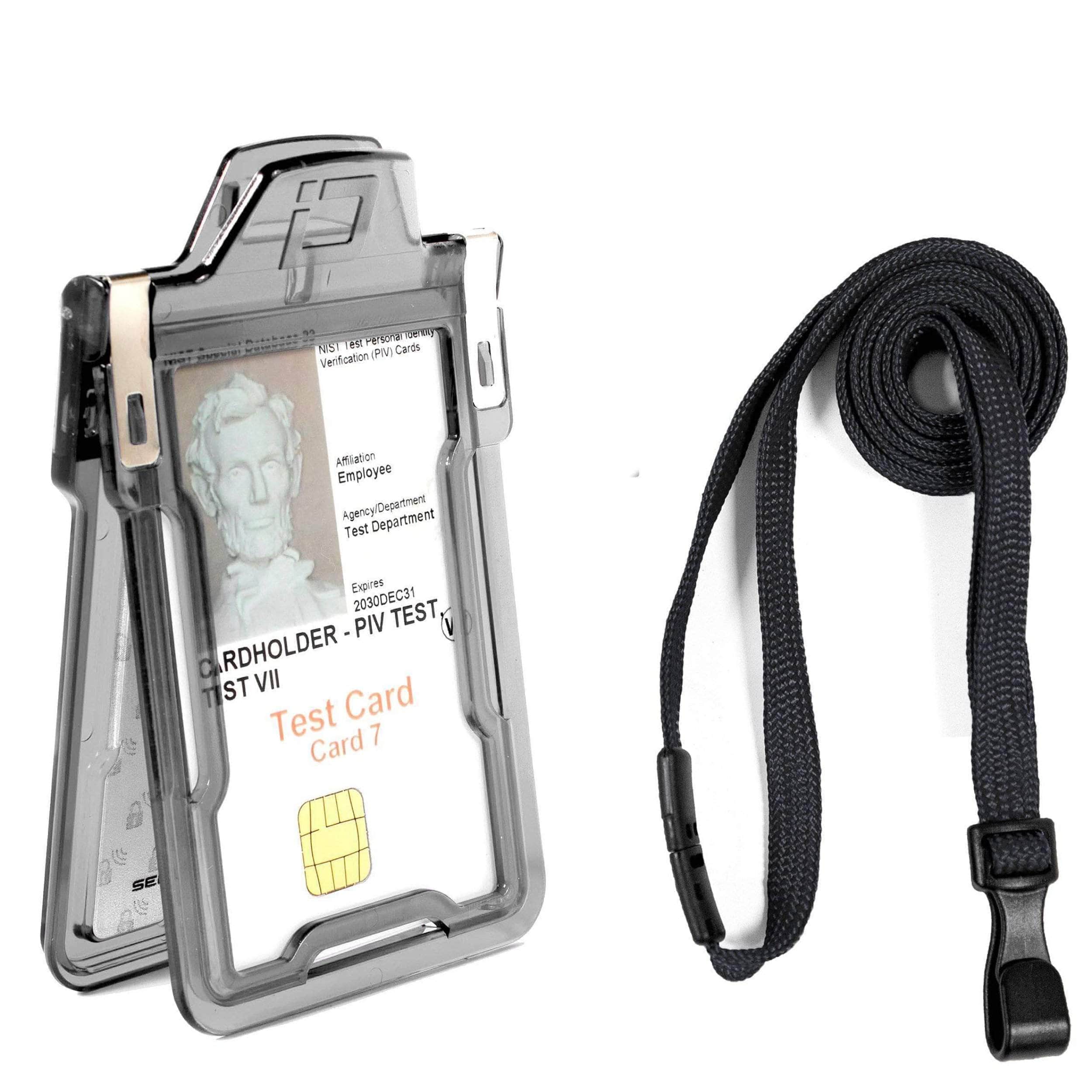 Secure Badge Holder Classic Vertical 1 ID Card Holder, and Lanyard Bundle - Clear - IDSH1038 - clrblk