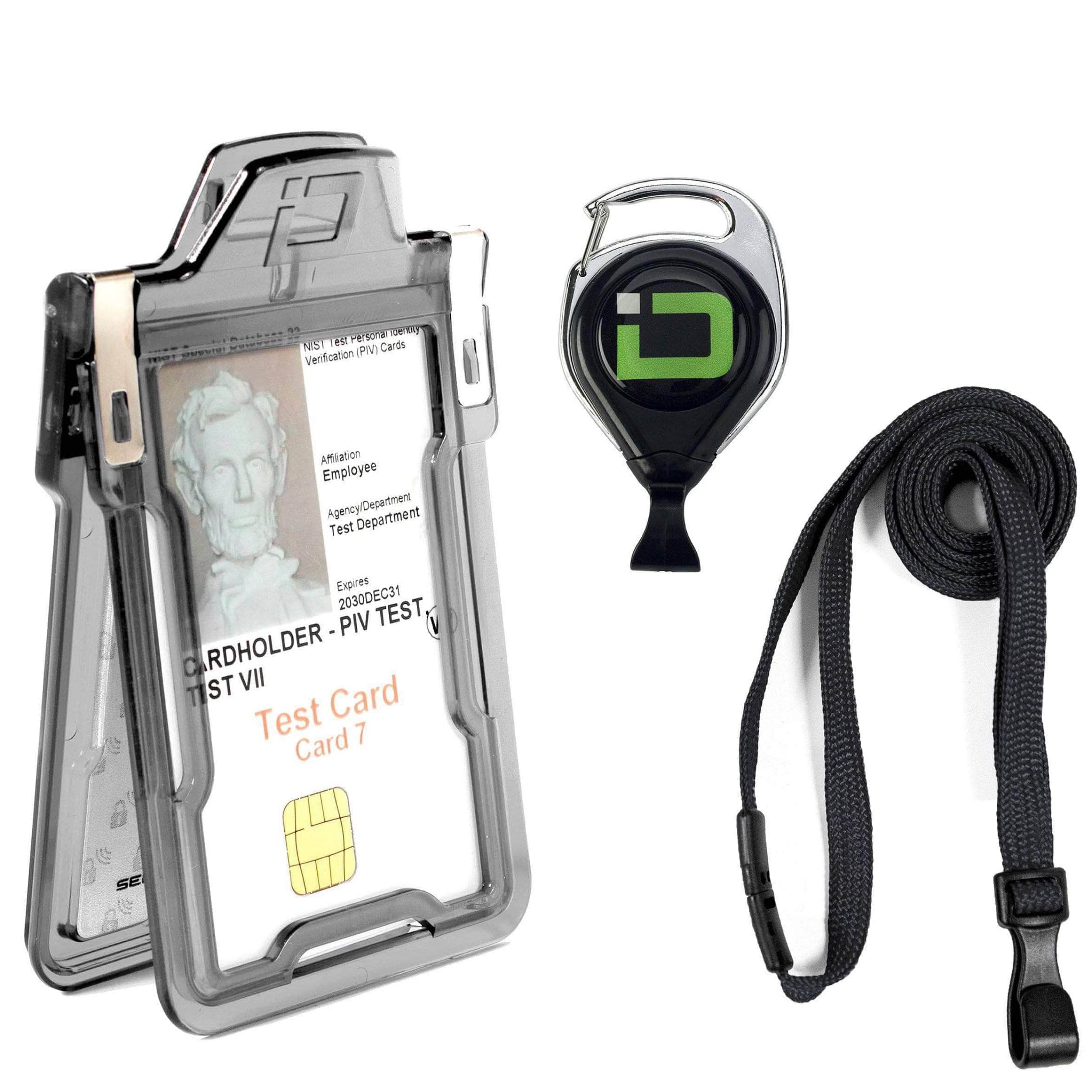 ID Stronghold Badgeholder Clear Black Secure Badge Holder Classic, Vertical 1 Card Holder, Retractable Reel, and Lanyard Bundle